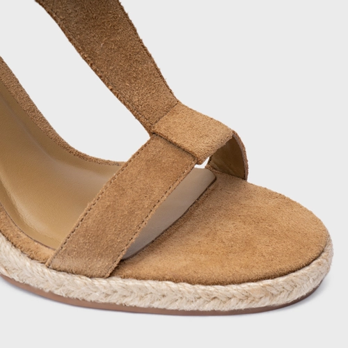 Sandália Tira Frontal Salto Anabela Palha Couro Suede Bege Almond