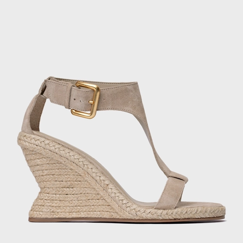 Sandália Tira Frontal Salto Anabela Palha Couro Suede Bege Oatmeal