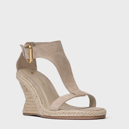 Sandália Tira Frontal Salto Anabela Palha Couro Suede Bege Oatmeal