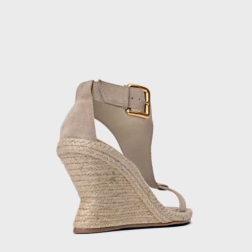 Sandália Tira Frontal Salto Anabela Palha Couro Suede Bege Oatmeal