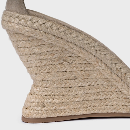 Sandália Tira Frontal Salto Anabela Palha Couro Suede Bege Oatmeal