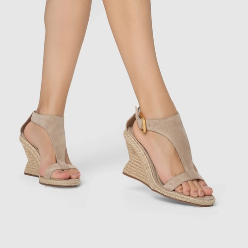 Sandália Tira Frontal Salto Anabela Palha Couro Suede Bege Oatmeal