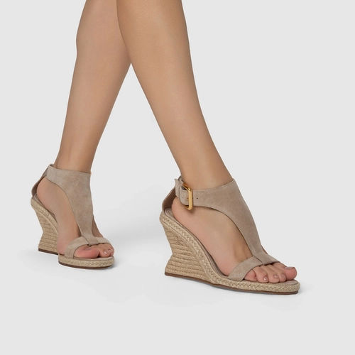 Sandália Tira Frontal Salto Anabela Palha Couro Suede Bege Oatmeal