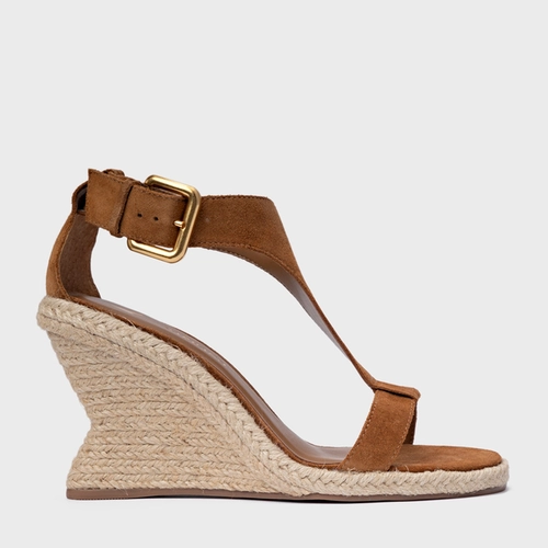 Sandália Tira Frontal Salto Anabela Palha Couro Suede Marrom Saddle
