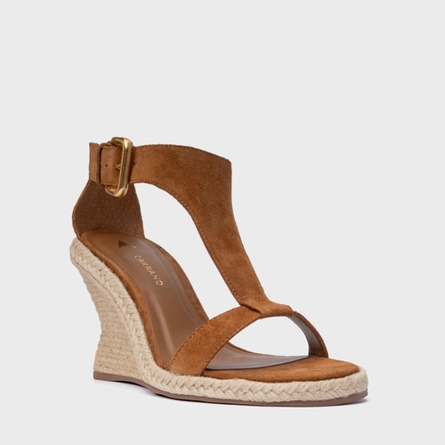 Sandália Tira Frontal Salto Anabela Palha Couro Suede Marrom Saddle
