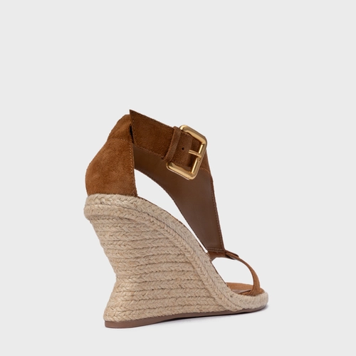 Sandália Tira Frontal Salto Anabela Palha Couro Suede Marrom Saddle