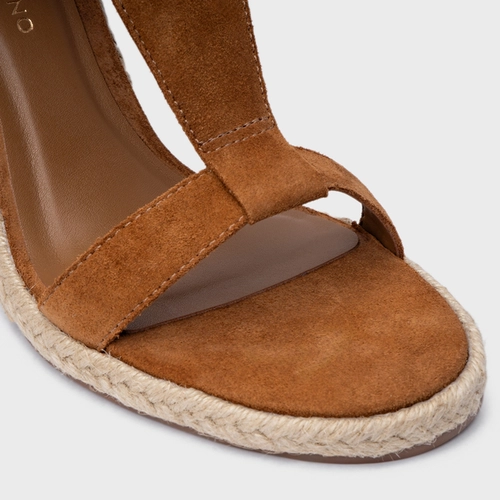 Sandália Tira Frontal Salto Anabela Palha Couro Suede Marrom Saddle