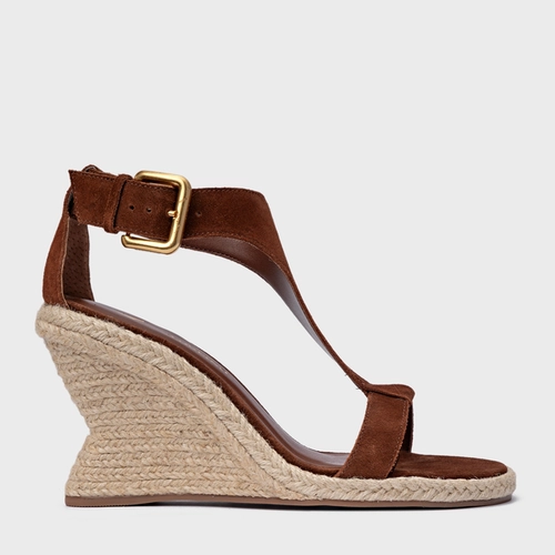 Sandália Tira Frontal Salto Anabela Palha Couro Suede Marrom Walnut