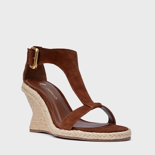 Sandália Tira Frontal Salto Anabela Palha Couro Suede Marrom Walnut