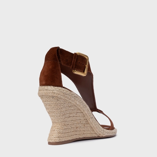 Sandália Tira Frontal Salto Anabela Palha Couro Suede Marrom Walnut