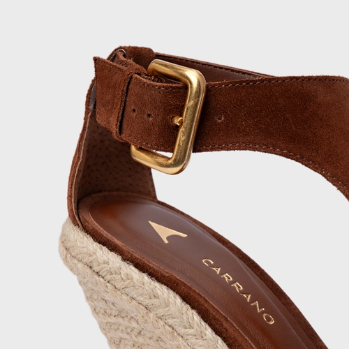 Sandália Tira Frontal Salto Anabela Palha Couro Suede Marrom Walnut