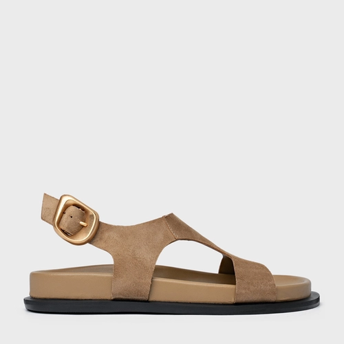 Sandália Rasteira Tira Frontal Couro Suede Bege Almond