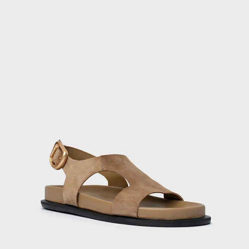 Sandália Rasteira Tira Frontal Couro Suede Bege Almond