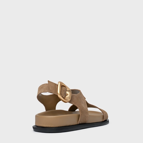 Sandália Rasteira Tira Frontal Couro Suede Bege Almond