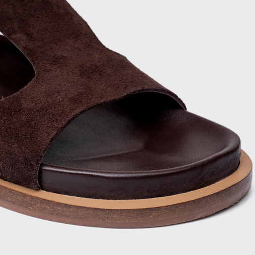 Sandália Rasteira Tira Frontal Couro Suede Marrom Ganache