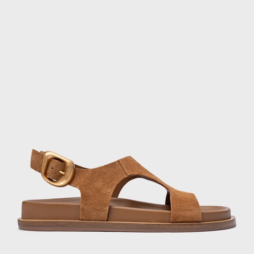 Sandália Rasteira Tira Frontal Couro Suede Marrom Saddle