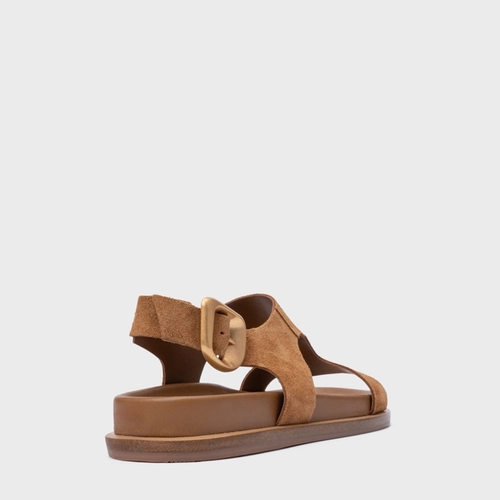 Sandália Rasteira Tira Frontal Couro Suede Marrom Saddle