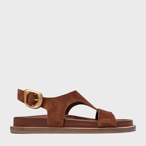 Sandália Rasteira Tira Frontal Couro Suede Marrom Walnut