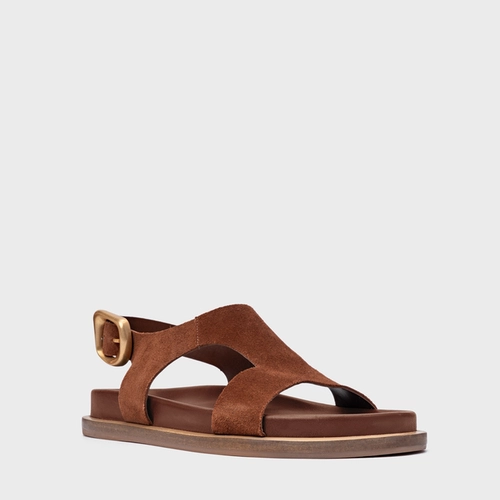 Sandália Rasteira Tira Frontal Couro Suede Marrom Walnut