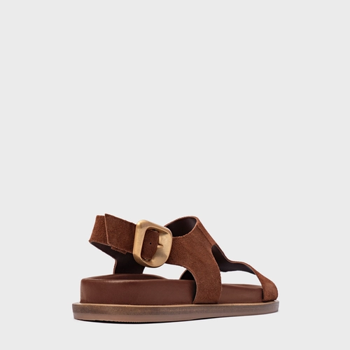 Sandália Rasteira Tira Frontal Couro Suede Marrom Walnut