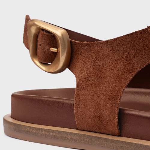 Sandália Rasteira Tira Frontal Couro Suede Marrom Walnut