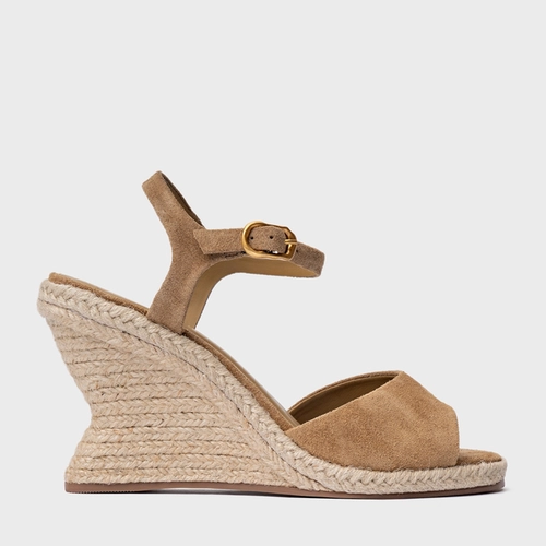 Sandália Basic Salto Anabela Palha Couro Suede Bege Almond