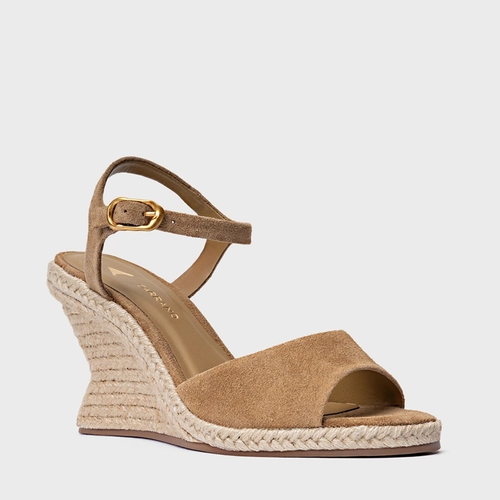 Sandália Basic Salto Anabela Palha Couro Suede Bege Almond