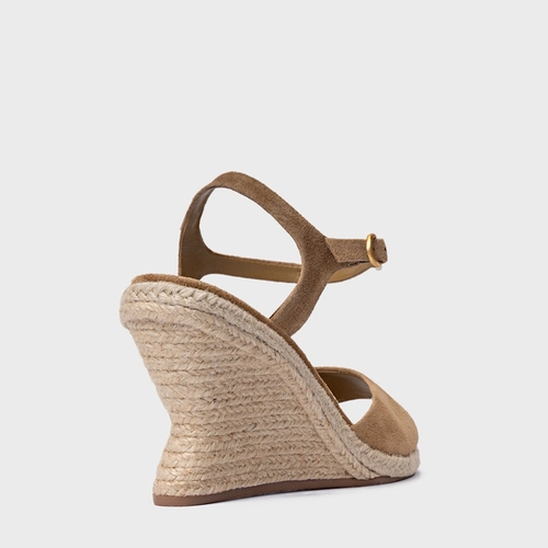 Sandália Basic Salto Anabela Palha Couro Suede Bege Almond