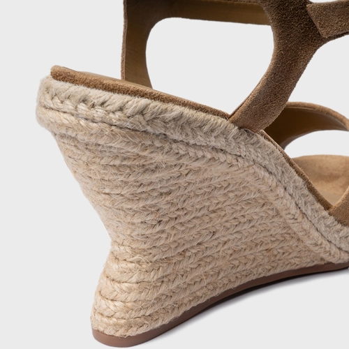 Sandália Basic Salto Anabela Palha Couro Suede Bege Almond