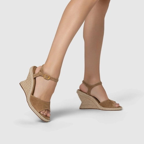 Sandália Basic Salto Anabela Palha Couro Suede Bege Almond
