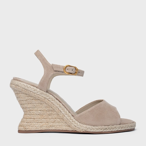 Sandália Basic Salto Anabela Palha Couro Suede Bege Oatmeal