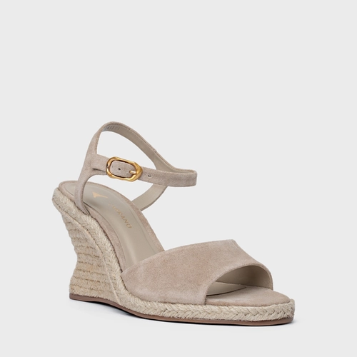 Sandália Basic Salto Anabela Palha Couro Suede Bege Oatmeal