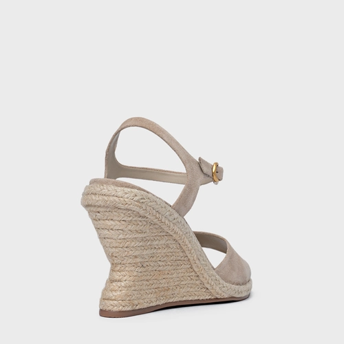 Sandália Basic Salto Anabela Palha Couro Suede Bege Oatmeal