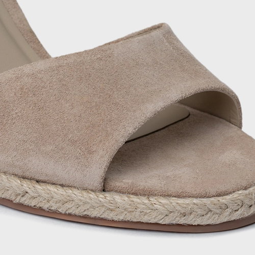 Sandália Basic Salto Anabela Palha Couro Suede Bege Oatmeal