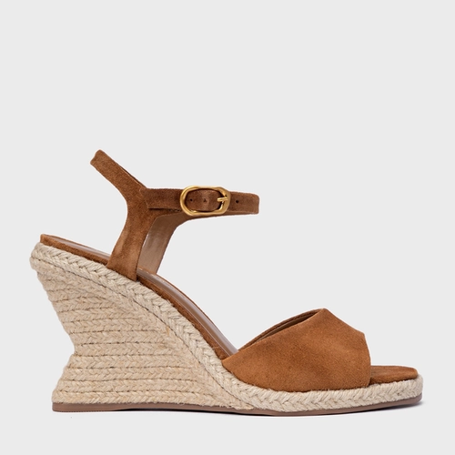 Sandália Basic Salto Anabela Palha Couro Suede Marrom Saddle