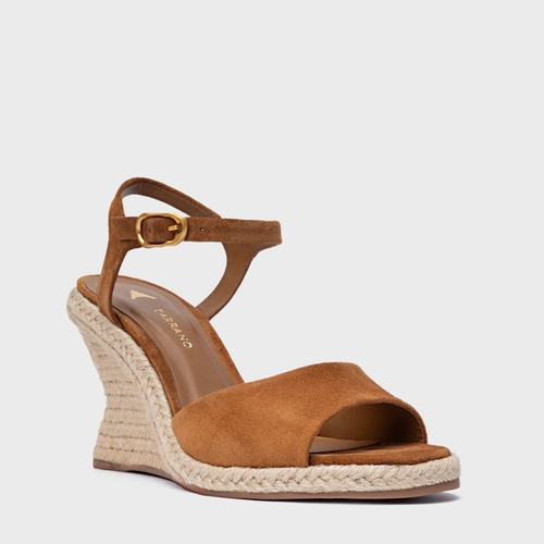 Sandália Basic Salto Anabela Palha Couro Suede Marrom Saddle