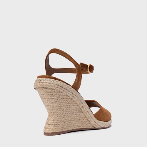 Sandália Basic Salto Anabela Palha Couro Suede Marrom Saddle