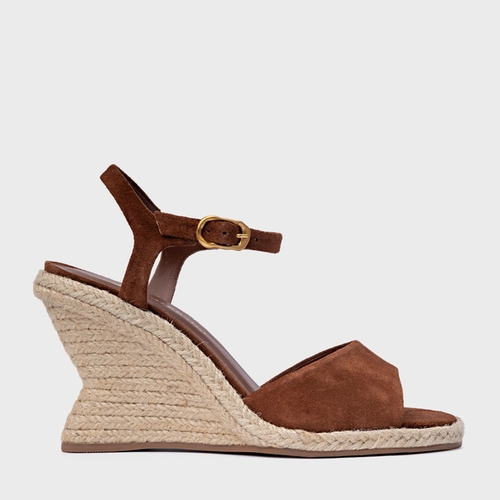 Sandália Basic Salto Anabela Palha Couro Suede Marrom Walnut