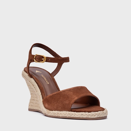 Sandália Basic Salto Anabela Palha Couro Suede Marrom Walnut