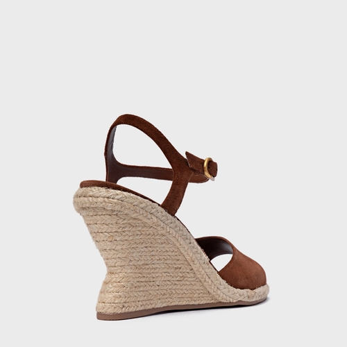 Sandália Basic Salto Anabela Palha Couro Suede Marrom Walnut