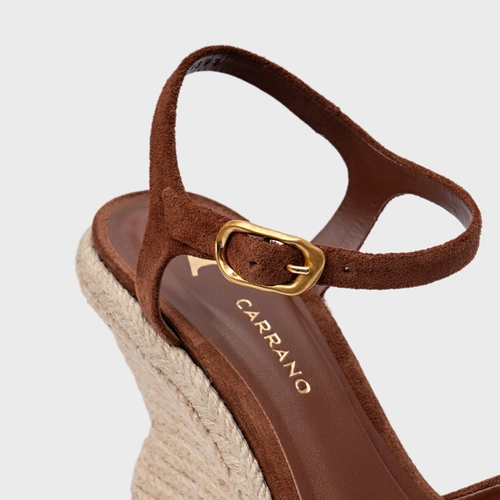 Sandália Basic Salto Anabela Palha Couro Suede Marrom Walnut