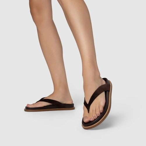 Rasteira Thong Couro Suede Marrom Ganache
