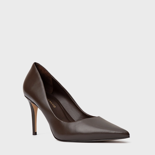 Scarpin Beatriz Salto Fino Couro Marrom Ganache
