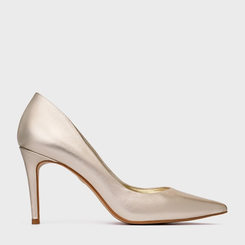Scarpin Beatriz Salto Fino Couro Metalizado Champagne