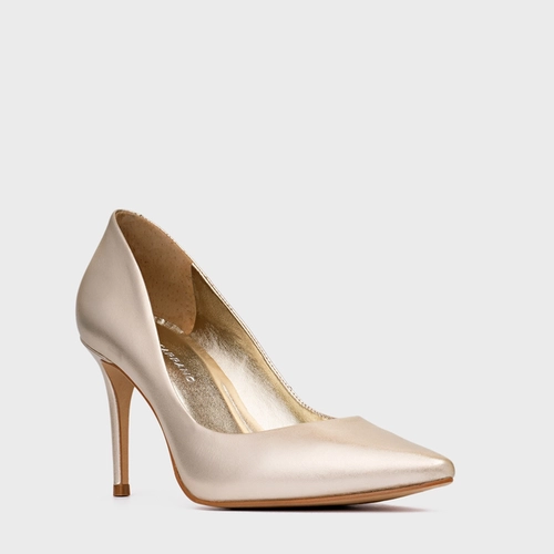 Scarpin Beatriz Salto Fino Couro Metalizado Champagne