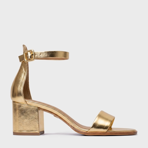 Sandália Classic Salto Bloco Médio Couro Metalizado Dourado
