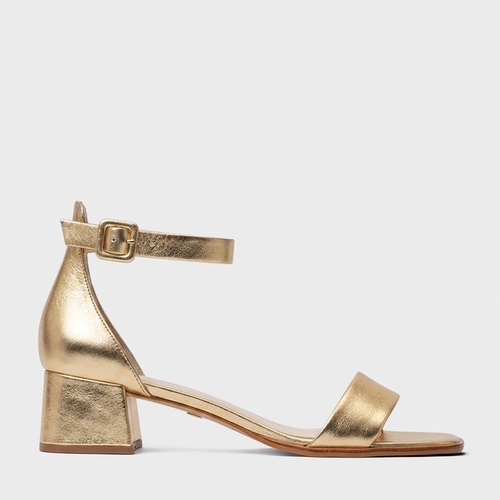 Sandália Classic Salto Bloco Baixo Couro Metalizado Dourado