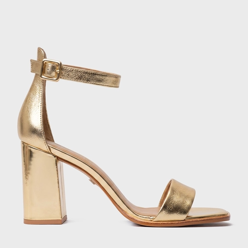 Sandália Classic Salto Bloco Alto Couro Metalizado Dourado