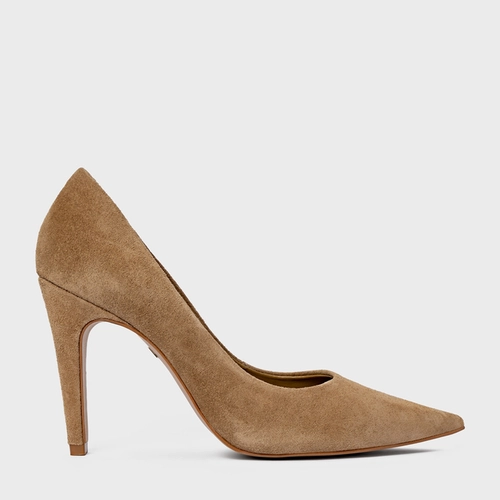 Scarpin Gio Salto Fino Couro Suede Bege Almond