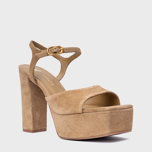 Sandália Plataforma Statement Couro Suede Bege Almond
